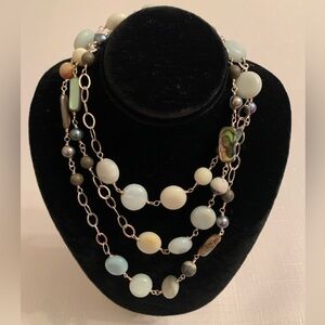 Handmade Aquamarine, Labradorite and Grey Pearl Beaded Necklace